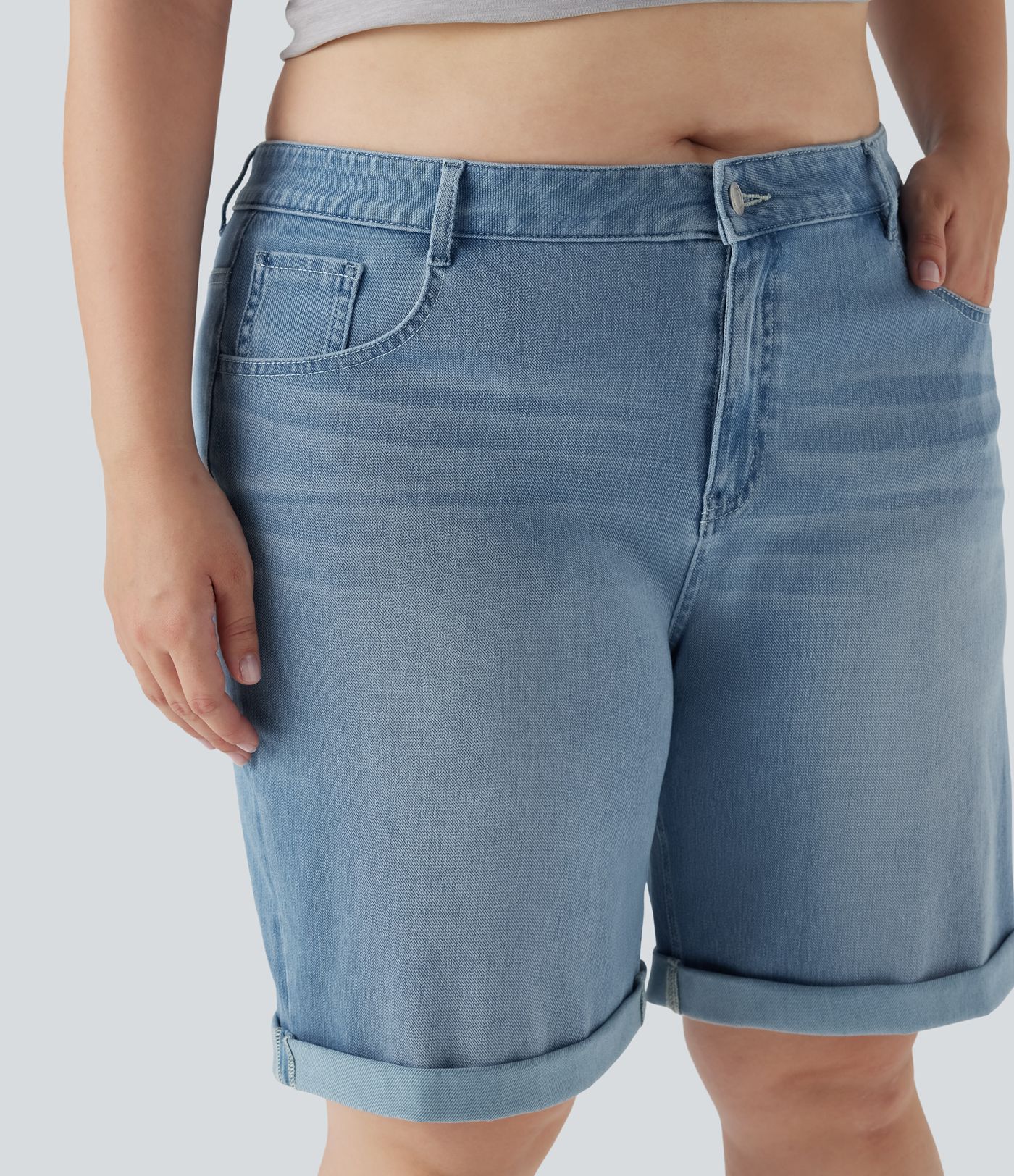 Halara Flex™ High Waisted Multiple Pockets Rolled Hem Washed Stretchy Knit Denim Casual Plus Size Bermuda Shorts