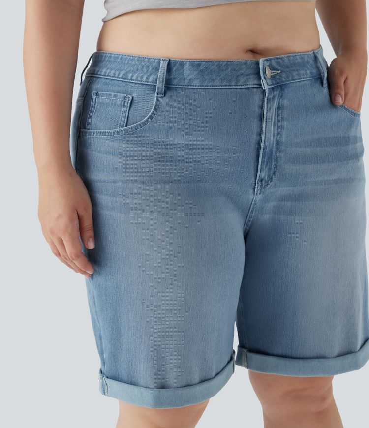 Halara Flex™ High Waisted Multiple Pockets Rolled Hem Washed Stretchy Knit Denim Casual Plus Size Bermuda Shorts