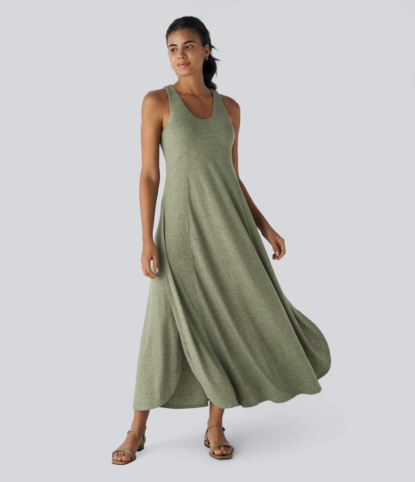 U Neck Backless Split Flowy Women Long Maxi Casual Tank Dress