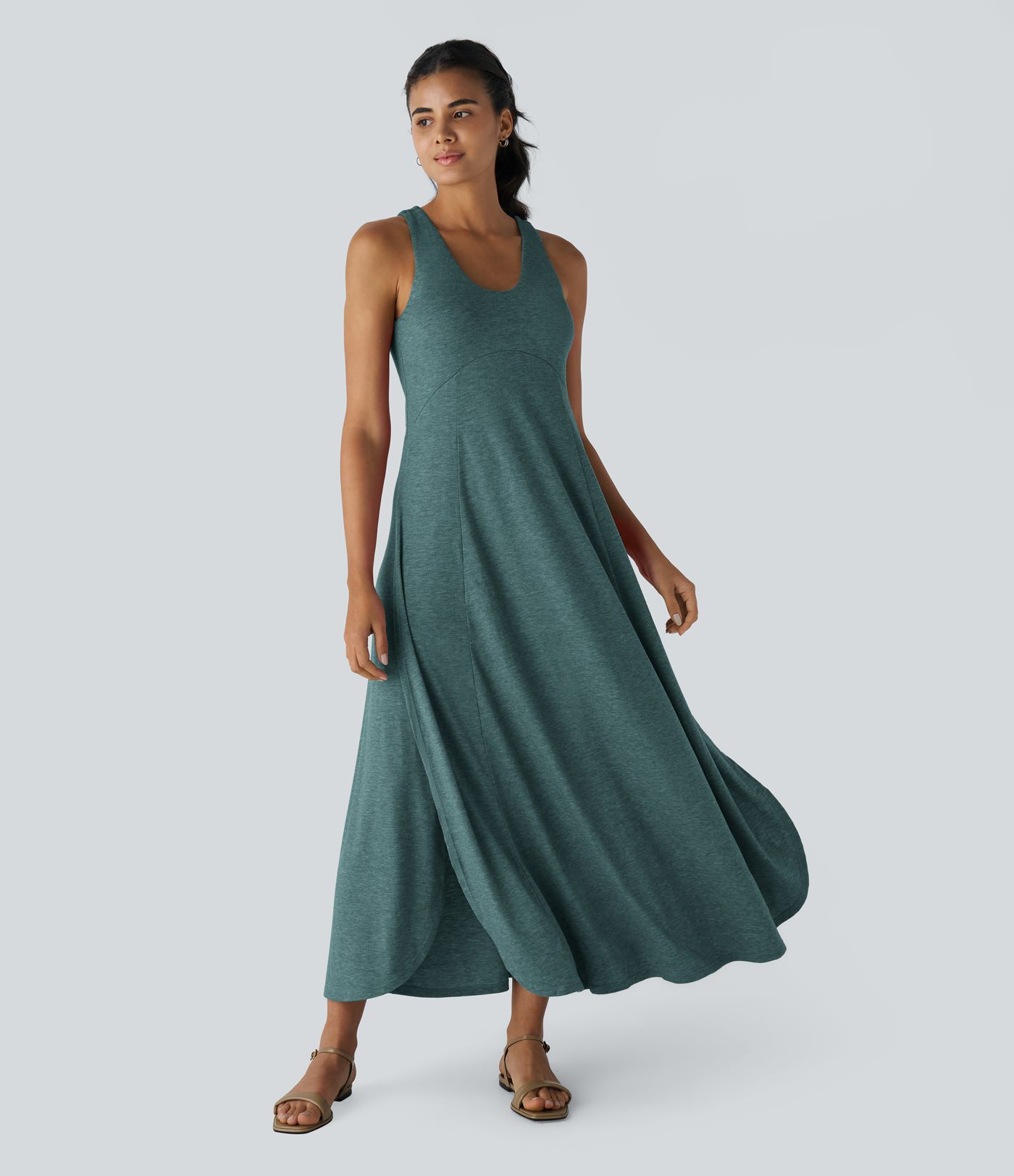 U Neck Backless Split Flowy Maxi Casual Tank Dress