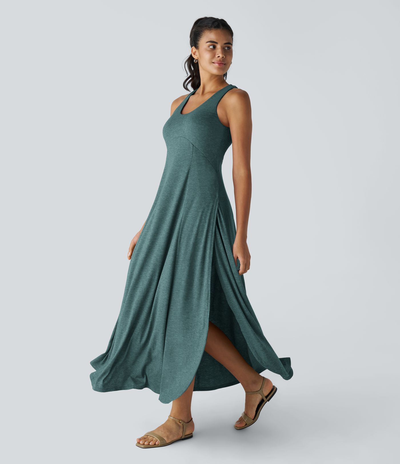 U Neck Backless Split Flowy Maxi Casual Tank Dress