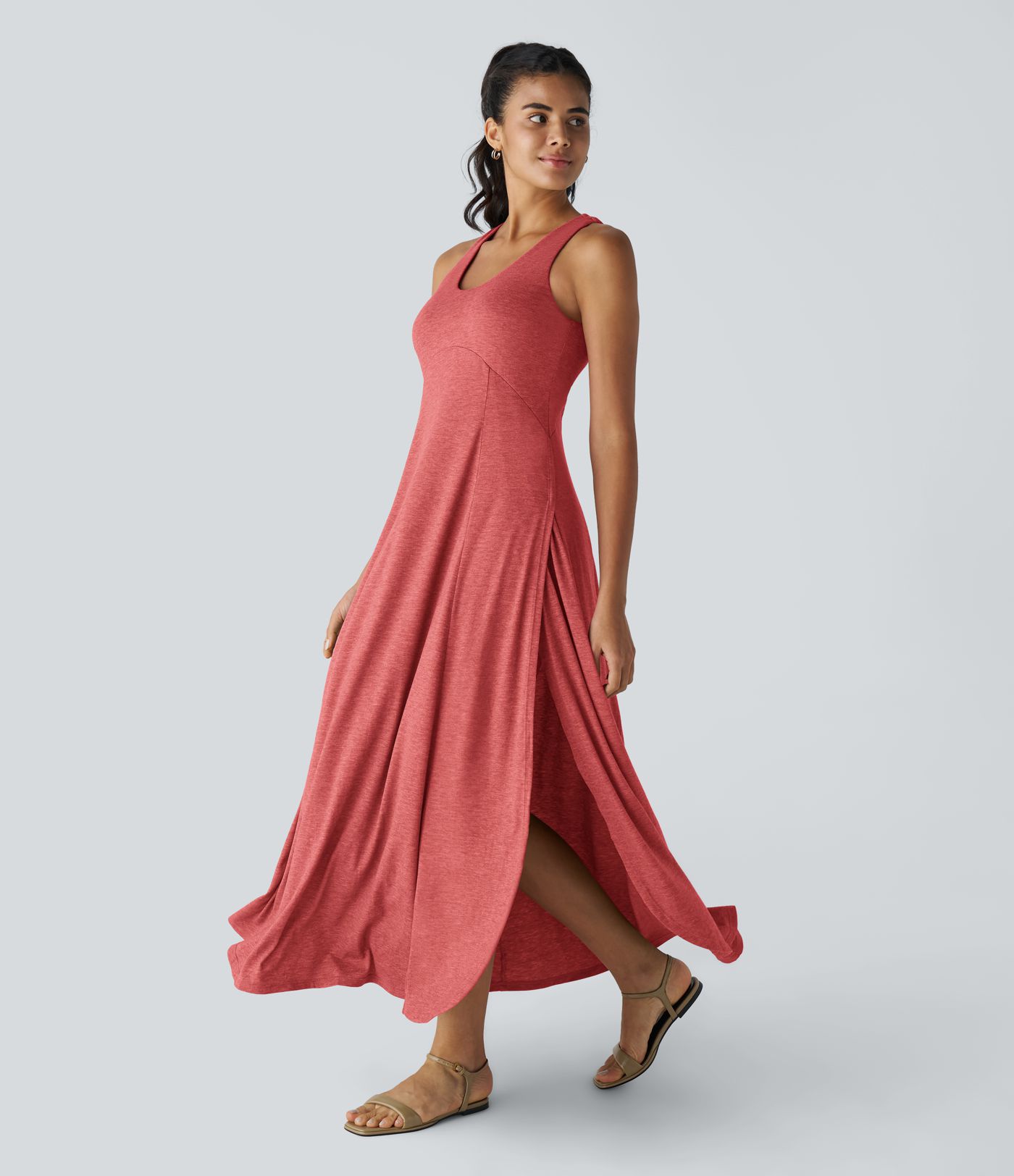 U Neck Backless Split Flowy Women Long Maxi Casual Tank Dress