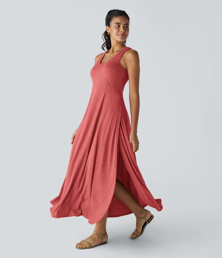 U Neck Backless Split Flowy Maxi Casual Tank Dress