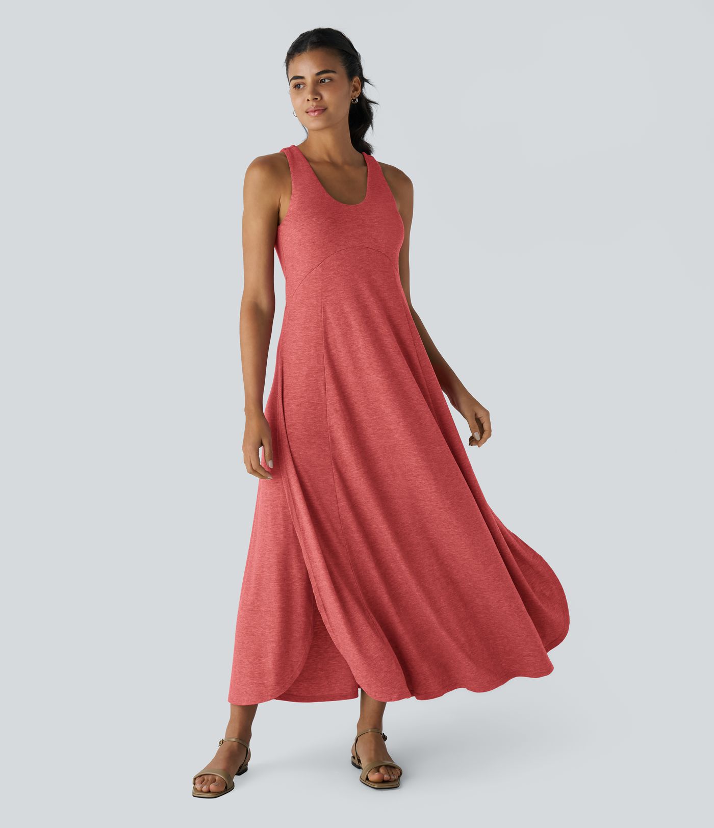 U Neck Backless Split Flowy Women Long Maxi Casual Tank Dress