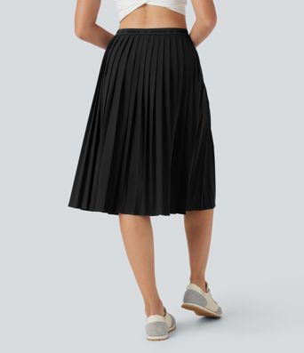 High Waisted Pleated Quick Dry Midi Casual Skirt with Pockets