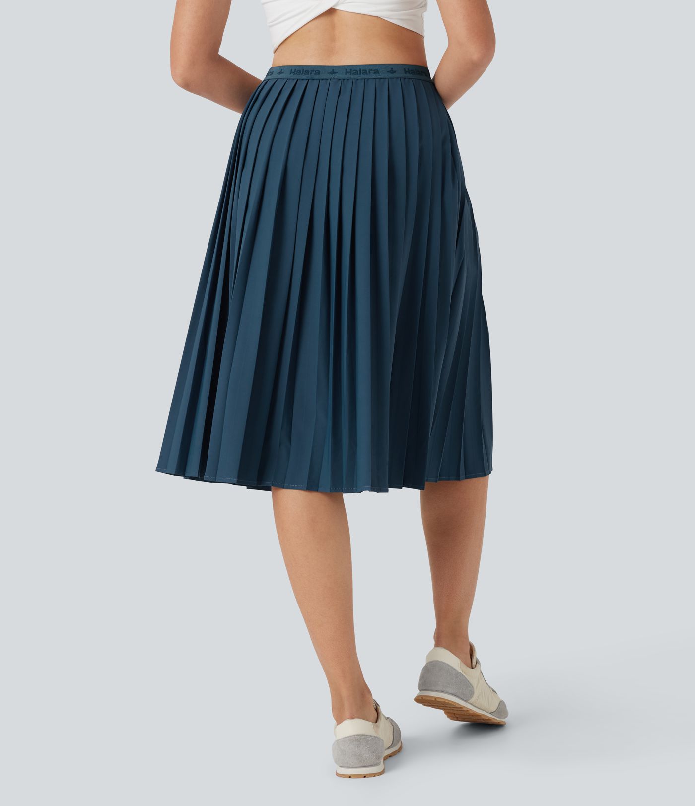 High Waisted Pleated Quick Dry Midi Casual Skirt with Pockets