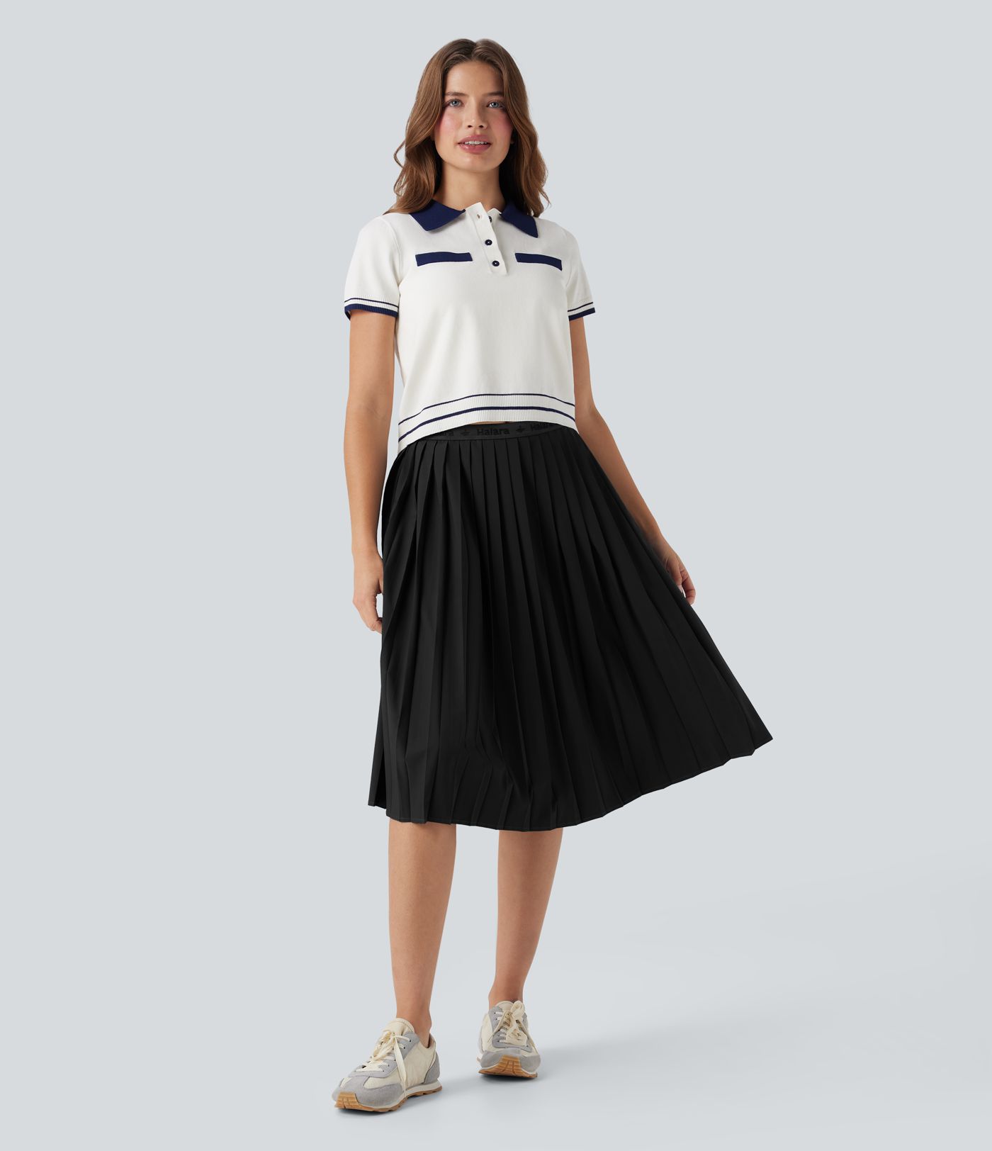 High Waisted Pleated Quick Dry Midi Casual Skirt with Pockets