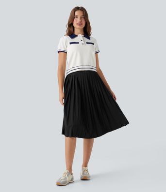 High Waisted Pleated Quick Dry Midi Casual Skirt with Pockets