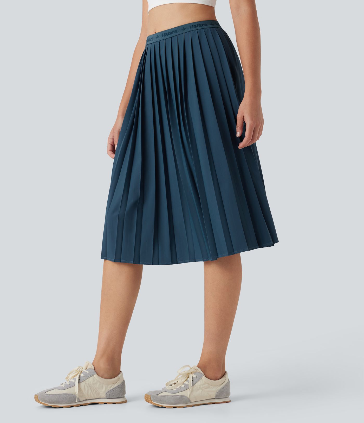 High Waisted Pleated Quick Dry Midi Casual Skirt with Pockets