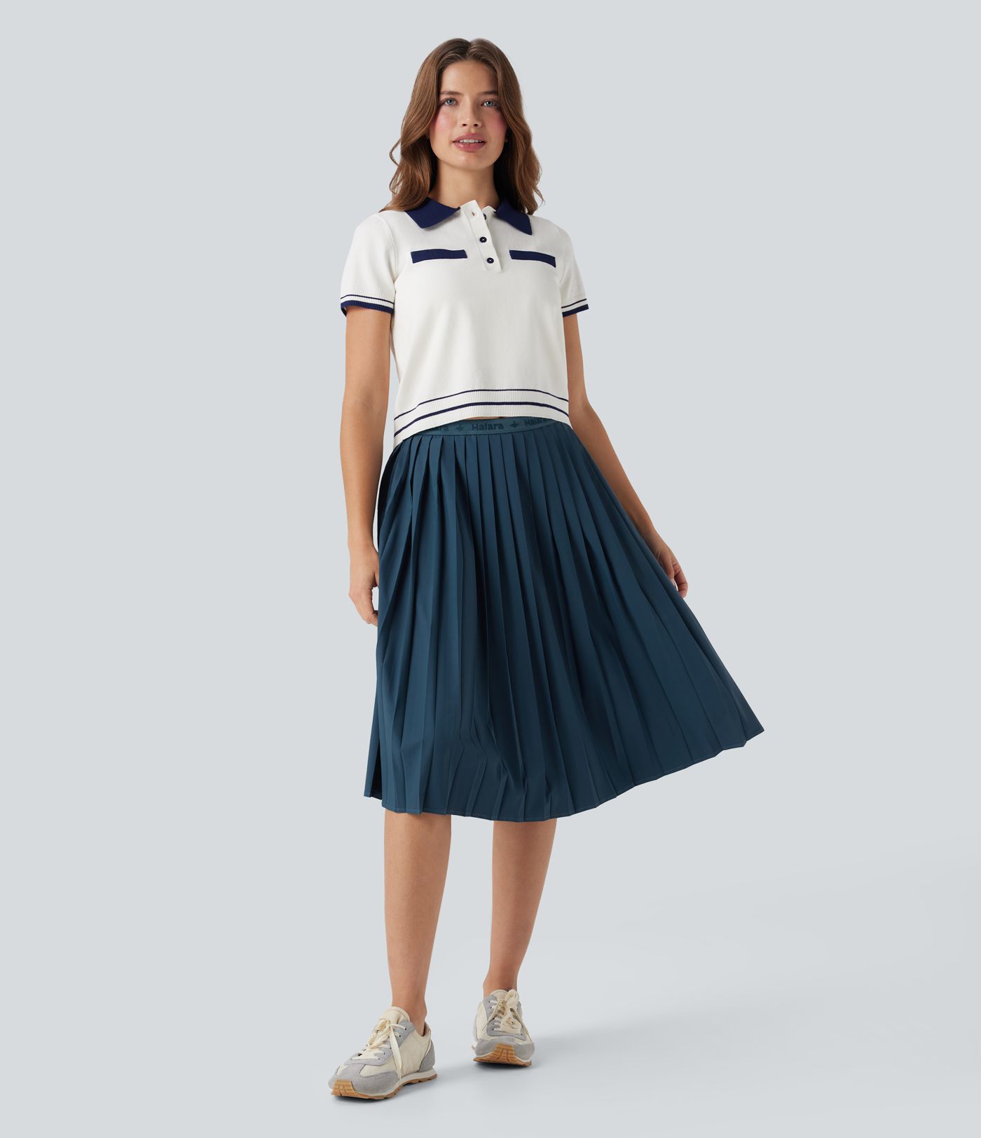 High Waisted Pleated Quick Dry Midi Casual Skirt with Pockets