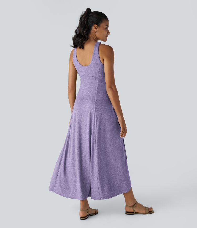 U Neck Backless Split Flowy Maxi Casual Tank Dress