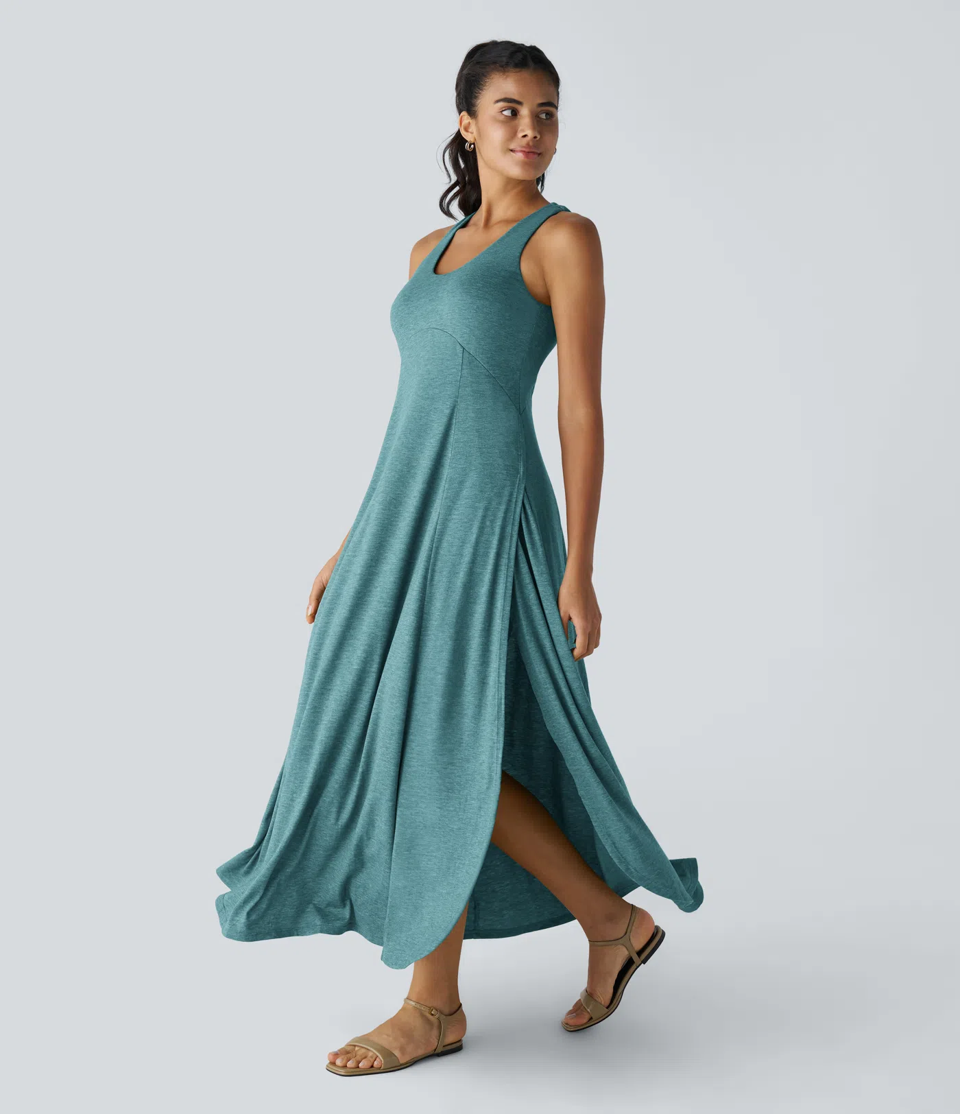 U Neck Backless Split Flowy Maxi Casual Tank Dress