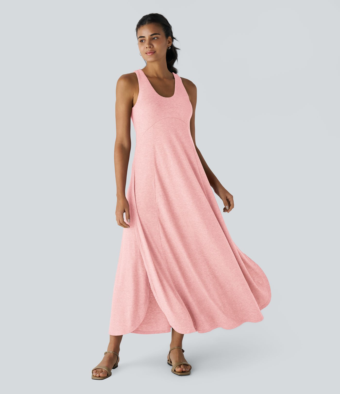 U Neck Backless Split Flowy Women Long Maxi Casual Tank Dress