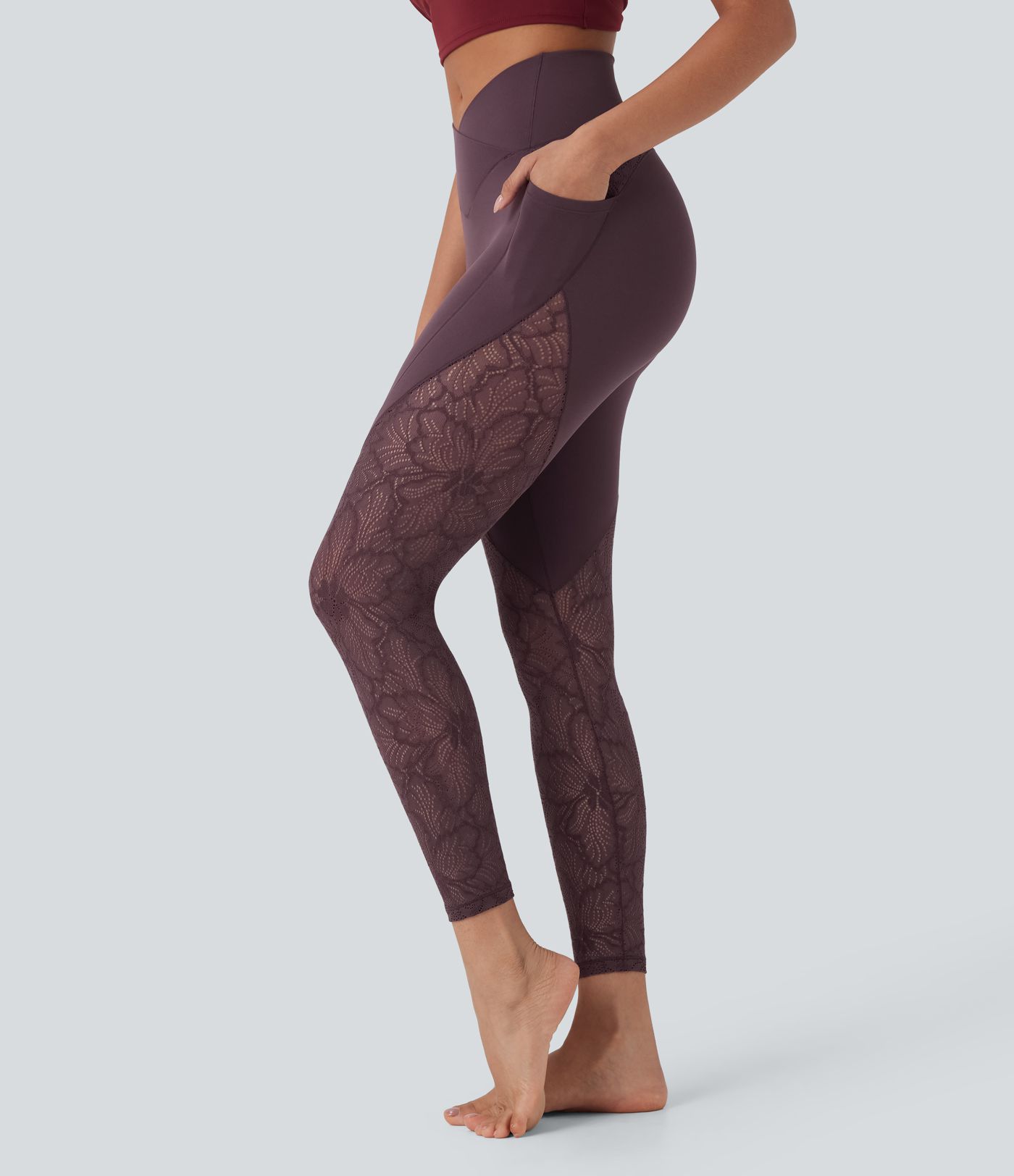SoftlyZero™ High Waisted Crossover Pocket Contrast Lace 7/8 Yoga Leggings-UPF50+
