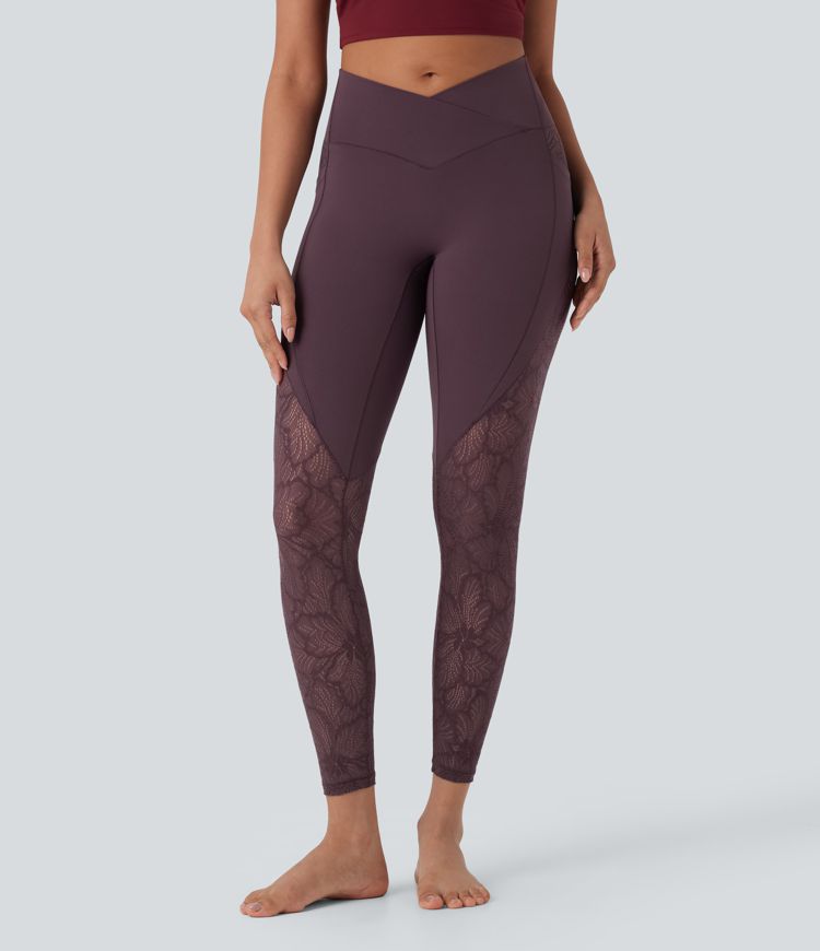 Softlyzero™ High Waisted Crossover Side Pocket Contrast Lace 7/8 Yoga Leggings-UPF50+