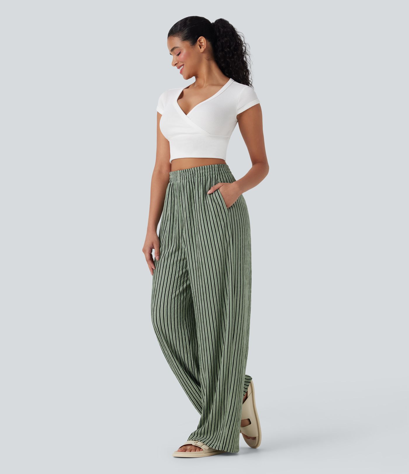 High Waisted Straight Leg Crinkle Casual Pants with Pockets