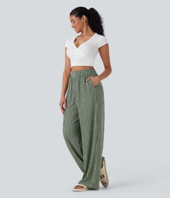 High Waisted Straight Leg Crinkle Casual Pants with Pockets