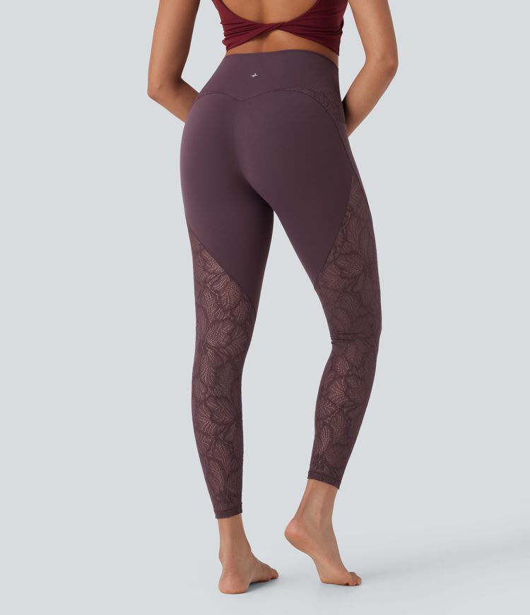 Softlyzero™ High Waisted Crossover Side Pocket Contrast Lace 7/8 Yoga Leggings-UPF50+