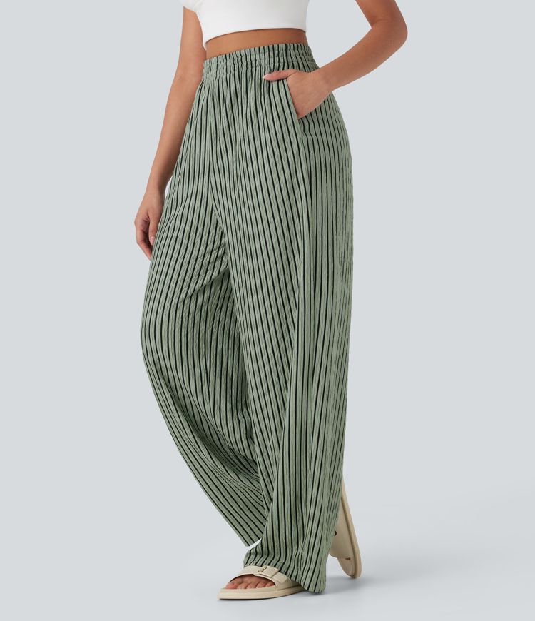 High Waisted Straight Leg Crinkle Casual Pants with Side Pockets