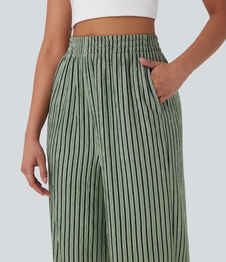 High Waisted Straight Leg Crinkle Casual Pants with Side Pockets