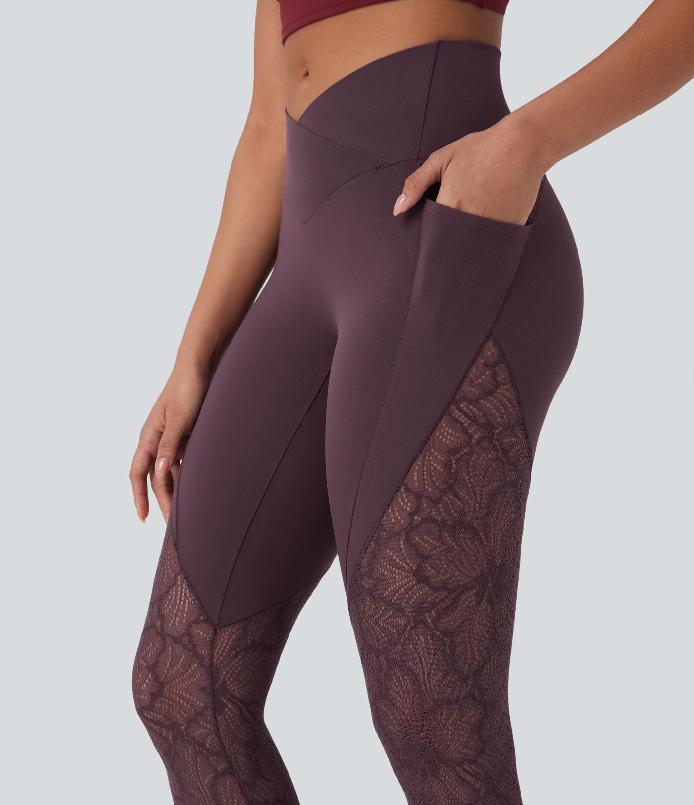 SoftlyZero™ High Waisted Crossover Pocket Contrast Lace 7/8 Yoga Leggings-UPF50+