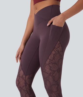 SoftlyZero™ High Waisted Crossover Pocket Contrast Lace 7/8 Yoga Leggings-UPF50+