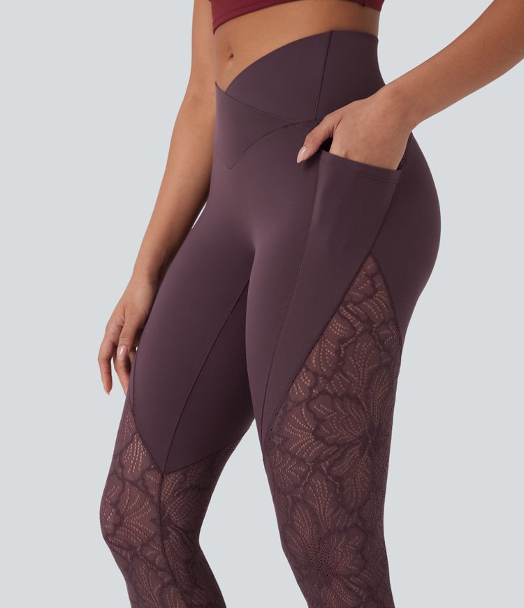 SoftlyZero™ High Waisted Crossover Pocket Contrast Lace 7/8 Yoga Leggings-UPF50+