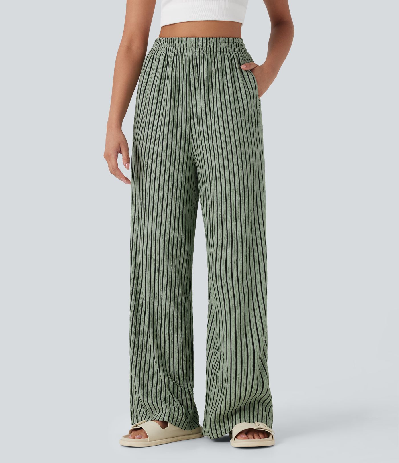 High Waisted Straight Leg Crinkle Casual Pants with Pockets