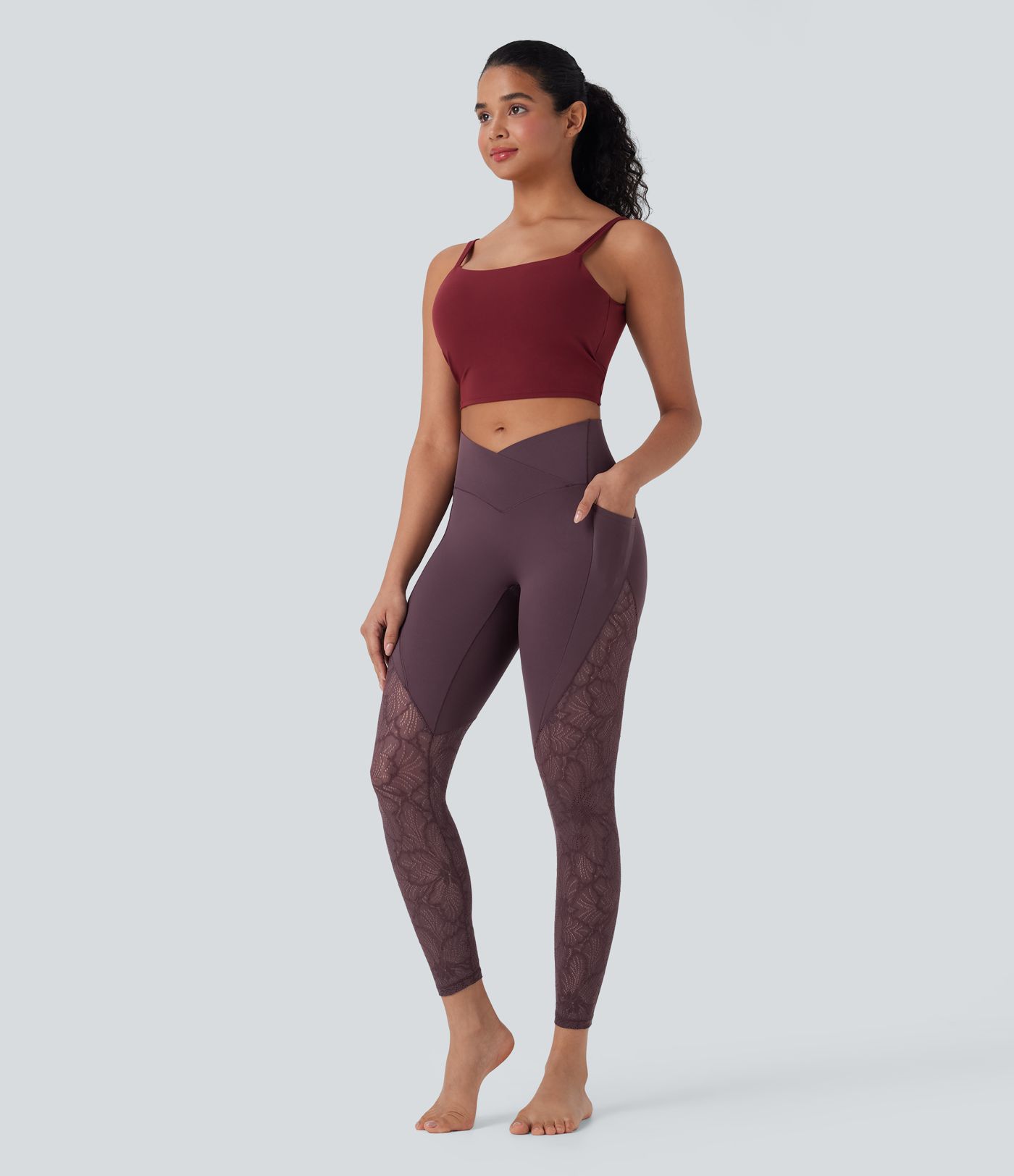SoftlyZero™ High Waisted Crossover Pocket Contrast Lace 7/8 Yoga Leggings-UPF50+