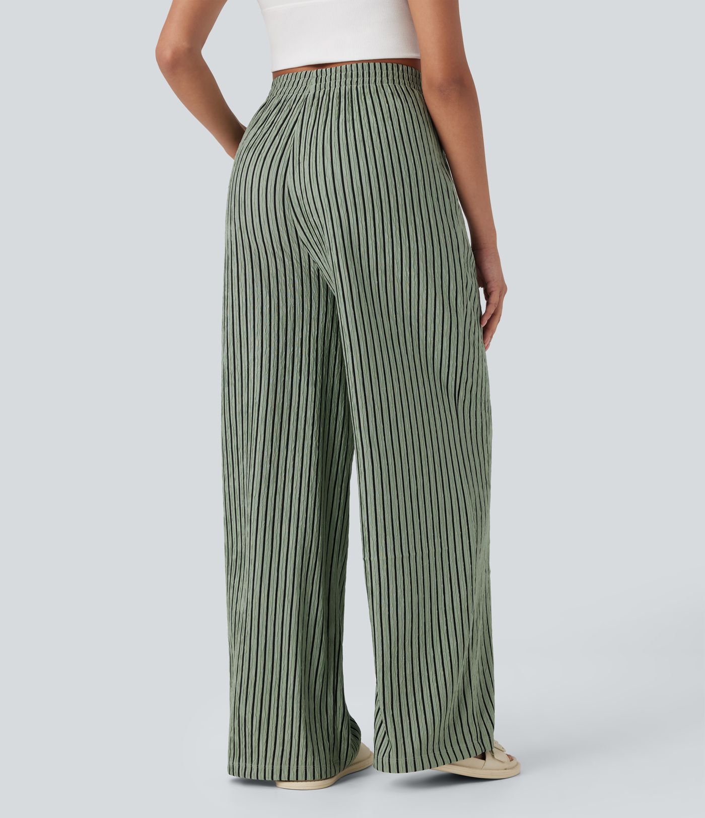 High Waisted Straight Leg Crinkle Casual Pants with Pockets