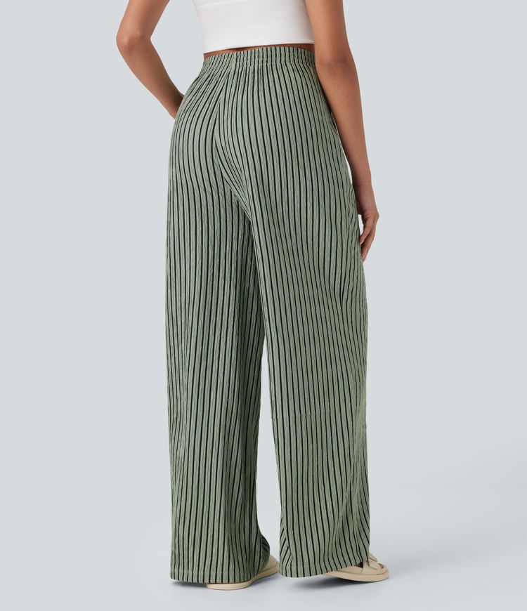 High Waisted Straight Leg Crinkle Casual Pants with Side Pockets