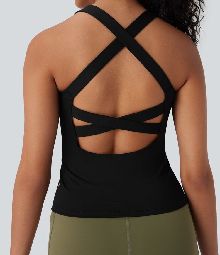 Camiseta de tirantes cruzada para running con espalda abierta