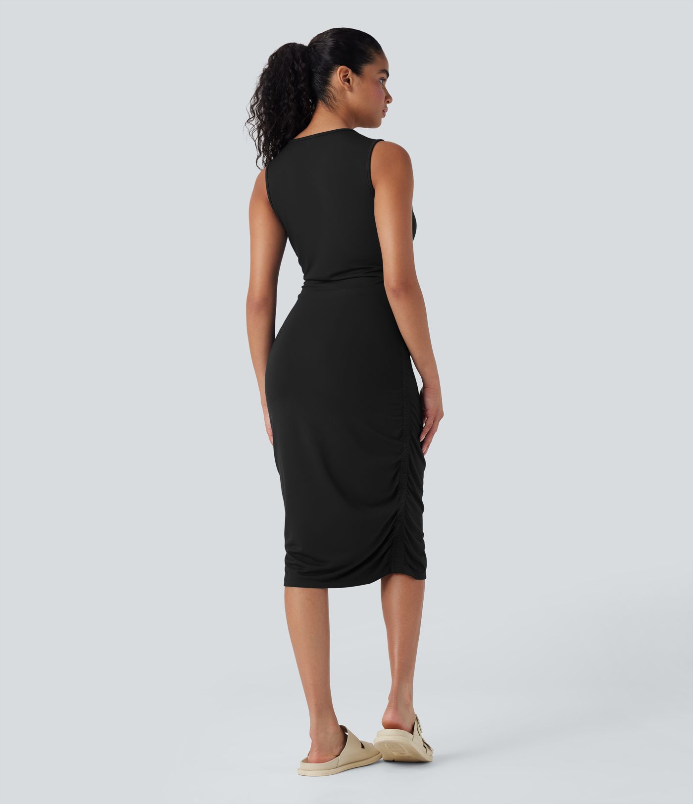 Round Neck Sleeveless Ruched Casual Bodycon Dress Round Neck Sleeveless Ruched Casual Bodycon Dress