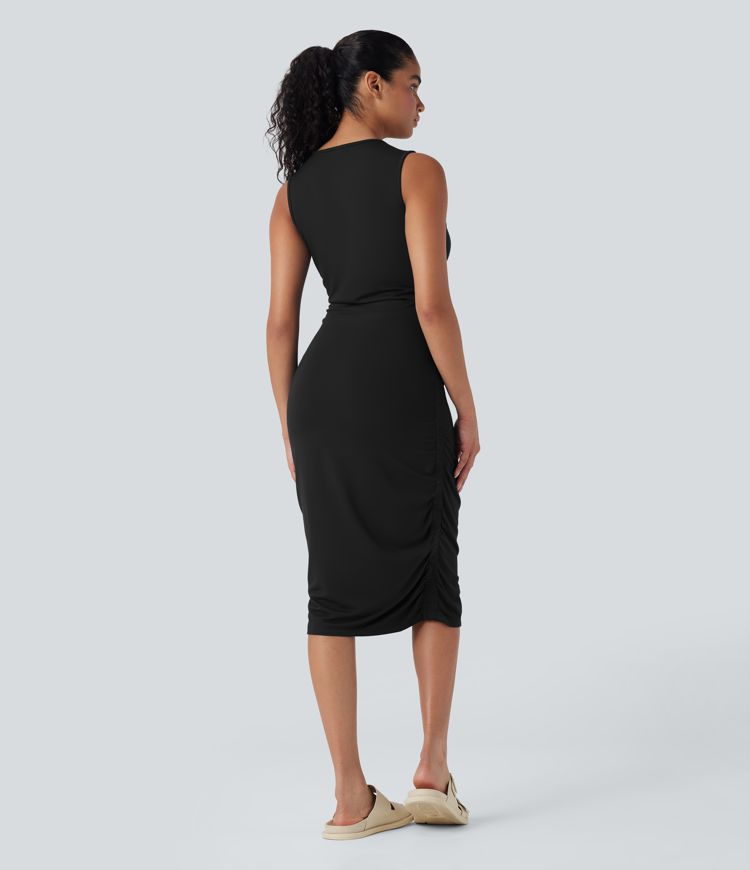 Round Neck Sleeveless Ruched Casual Bodycon Dress Round Neck Sleeveless Ruched Casual Bodycon Dress