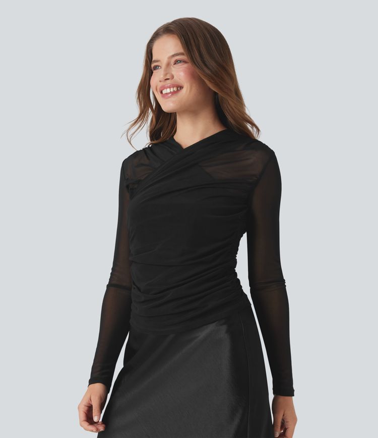 Top casual fruncido con cuello en V cruzado de malla transparente