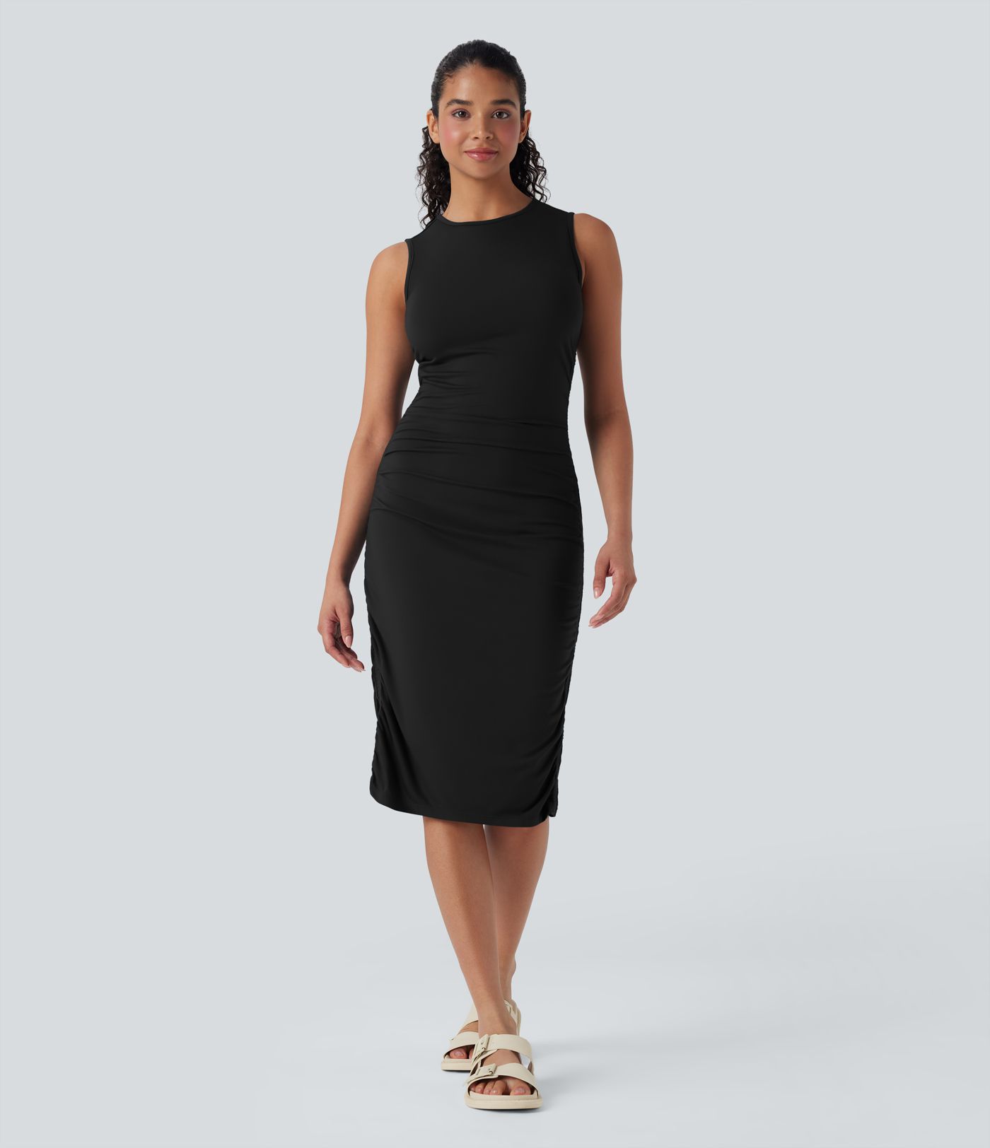 Round Neck Sleeveless Ruched Casual Bodycon Dress Round Neck Sleeveless Ruched Casual Bodycon Dress