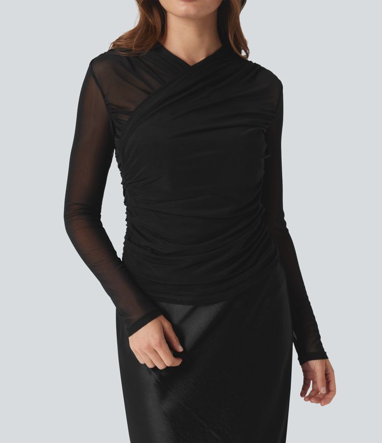 Top casual fruncido con cuello en V cruzado de malla transparente