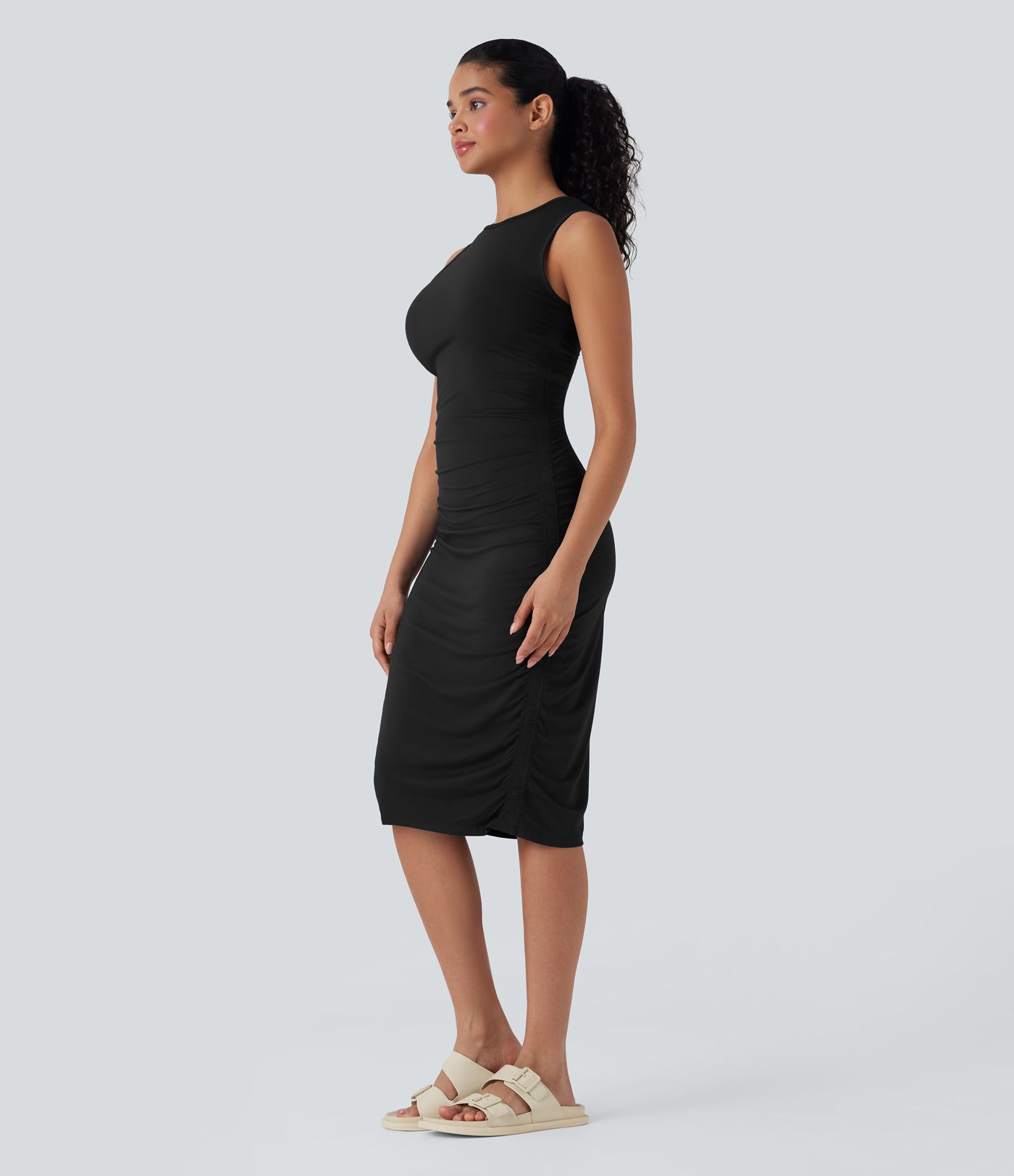 Round Neck Sleeveless Ruched Casual Bodycon Dress Round Neck Sleeveless Ruched Casual Bodycon Dress