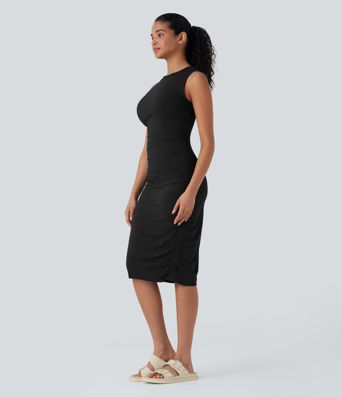Round Neck Sleeveless Ruched Casual Bodycon Dress Round Neck Sleeveless Ruched Casual Bodycon Dress