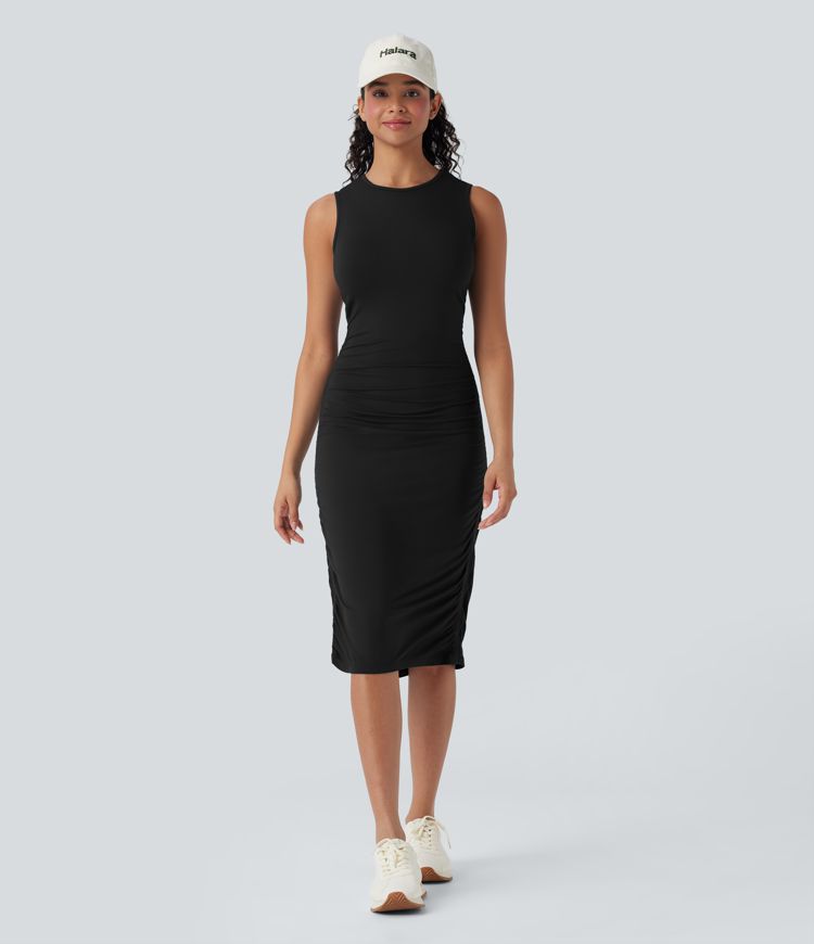 Round Neck Sleeveless Ruched Casual Bodycon Dress Round Neck Sleeveless Ruched Casual Bodycon Dress