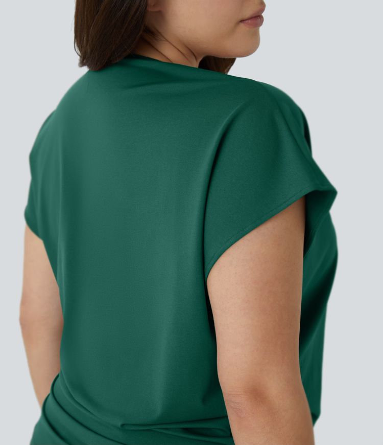 Überkreuzte, gerüschte, solide Arbeitsbluse mit V-Ausschnitt und Flügelärmel in Übergröße