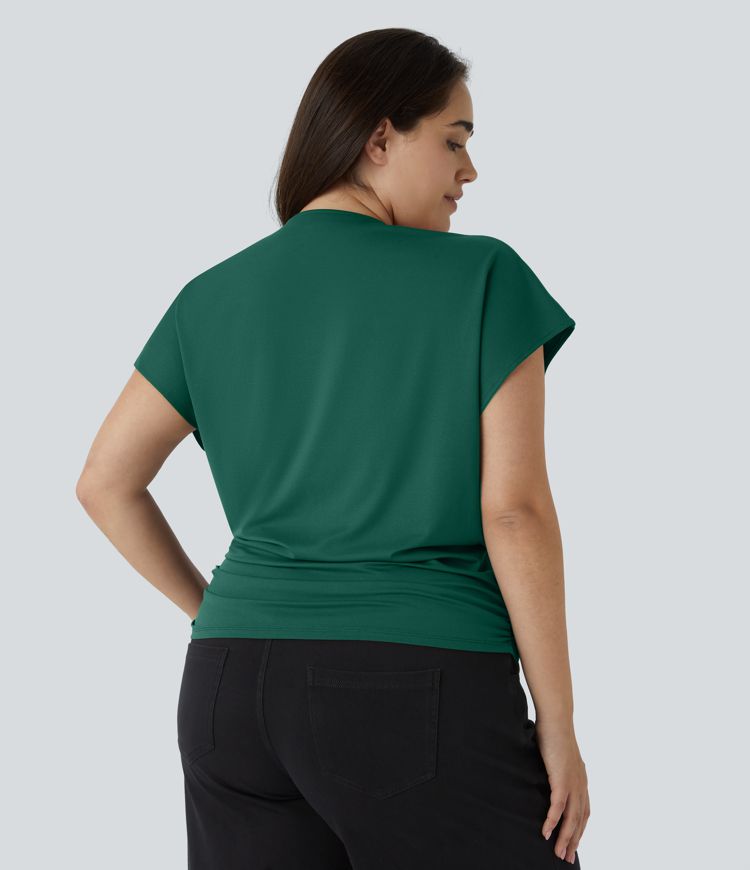 V Neck Cap Sleeve Crossover Ruched Solid Work Plus Size Blouse