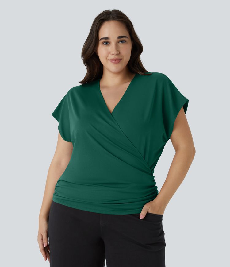 V Neck Cap Sleeve Crossover Ruched Solid Work Plus Size Blouse