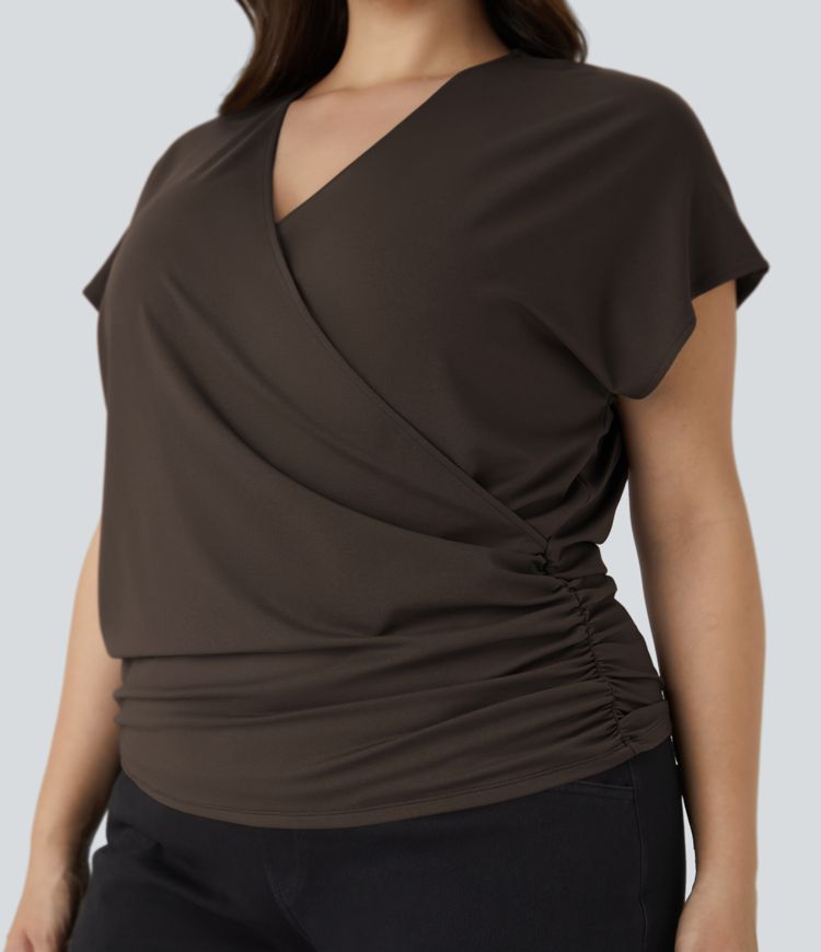 V Neck Cap Sleeve Crossover Ruched Solid Work Plus Size Blouse