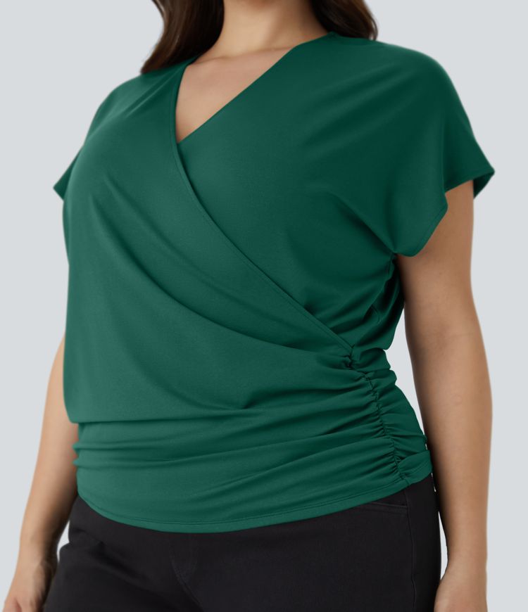 V Neck Cap Sleeve Crossover Ruched Solid Work Plus Size Blouse