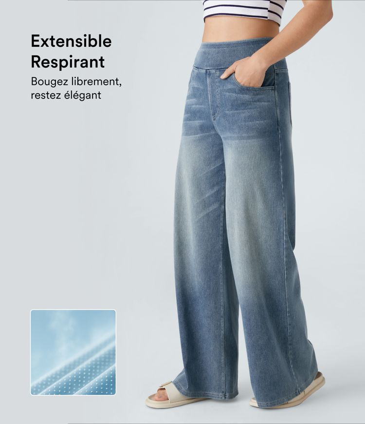 Halara Flex™ Jean Large Casual Taille Haute Poches Multiples Tricot Extensible Délavé