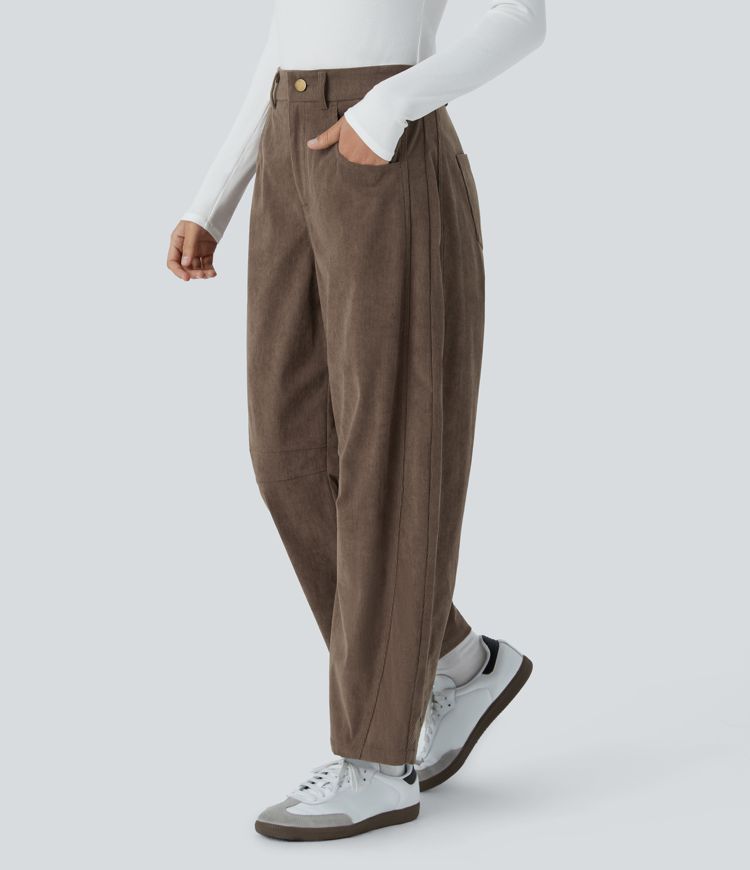 Pantalon décontracté en velours côtelé à taille moyenne, jambes bouffantes longueur cheville, poches multiples et fermeture zippée