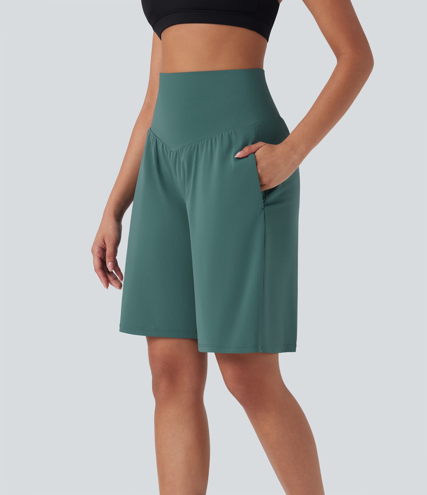 SoftlyZero™ Short de Yoga Bermuda Taille Haute avec Poches, Toucher Frais et Aérien