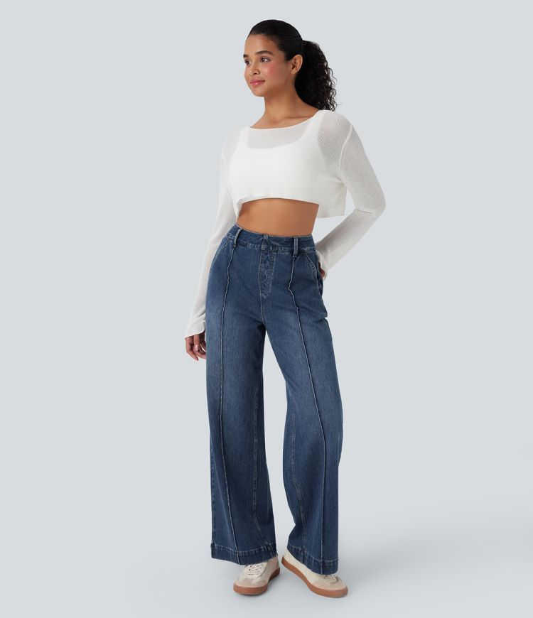 Halara Flex™ High Waisted Washed Casual Wide Leg Jeans with Pockets