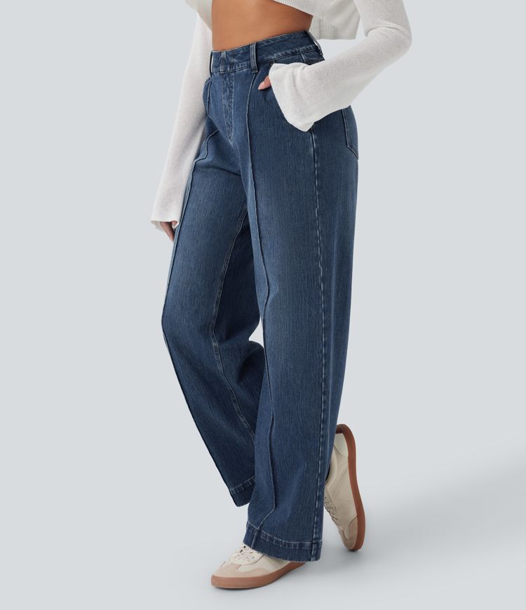 Halara Flex™ High Waisted Washed Casual Wide Leg Jeans with Pockets